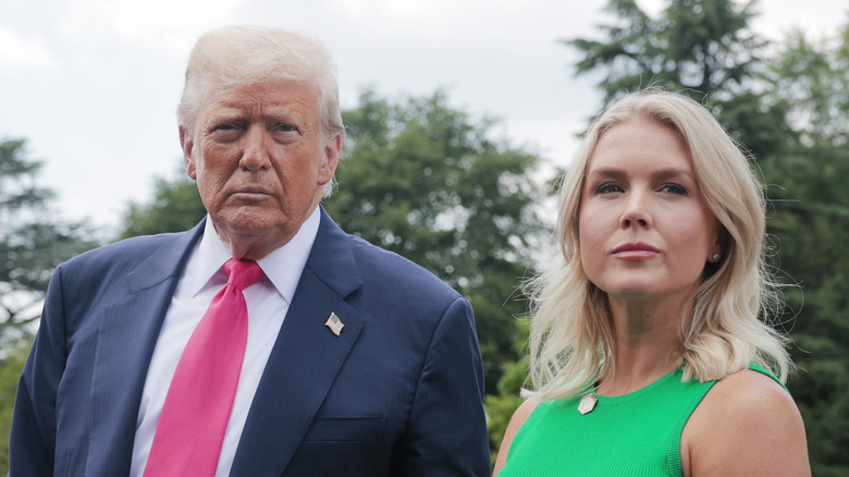 Donald Trump and Karoline Leavitt looking stern