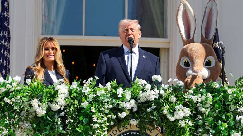 Donald and Melania Trump with Easter Bunny on balcony 2026