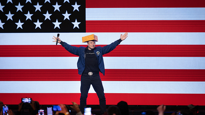 Elon Musk posing in cheese hat in front of American flag