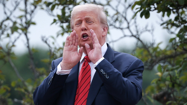 Donald Trump saying something with his hands around his mouth
