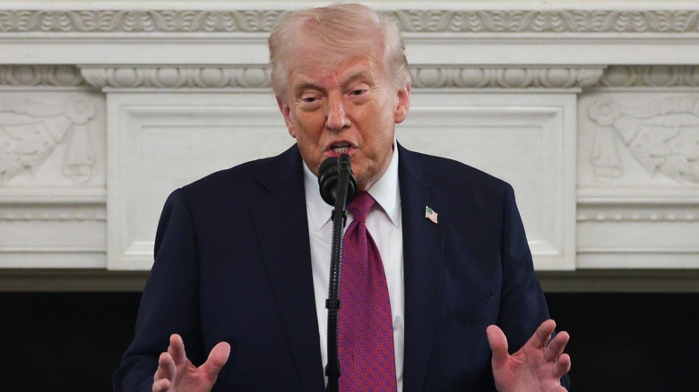 Donald Trump speaking at podium in a black suit with a purple tie