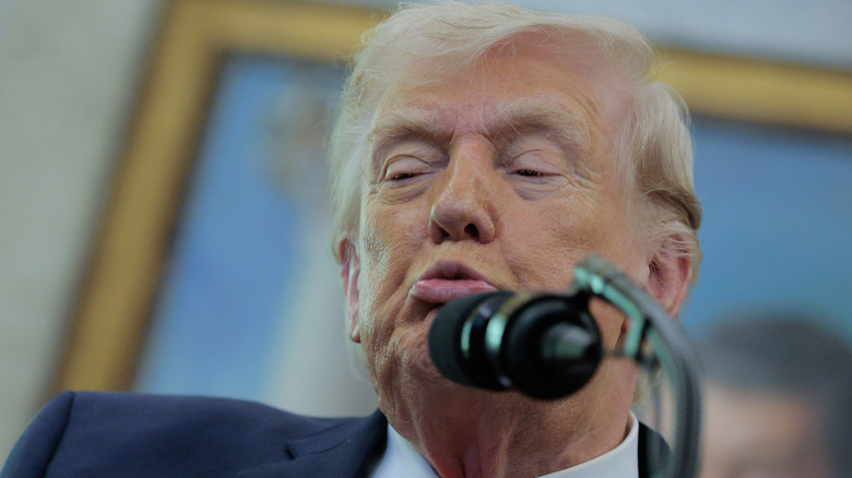 Donald Trump frowning with microphone