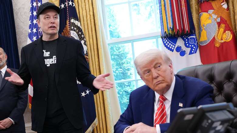 Elon Musk and Donald Trump at a press conference in the Oval Office