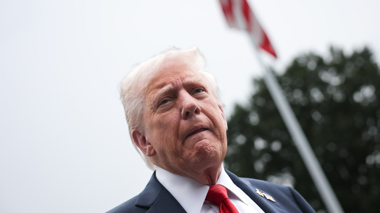 Donald Trump scowling in a suit with an American flag behind him