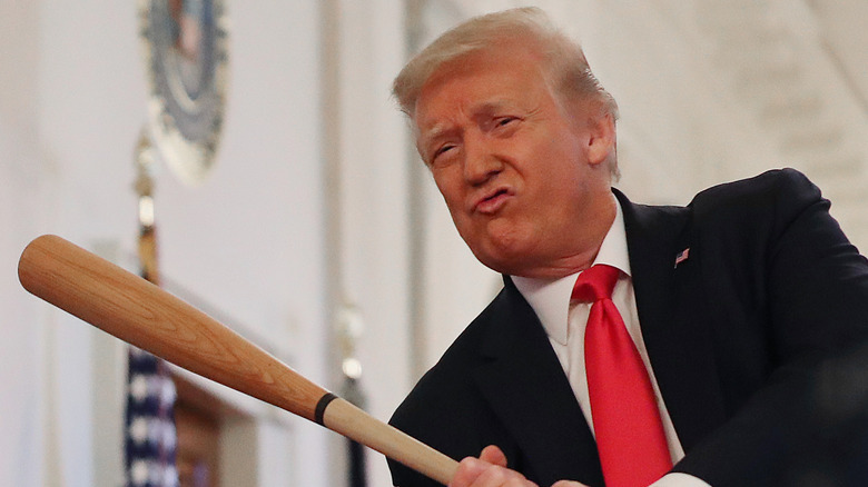 Donald Trump swinging a baseball bat at the White House
