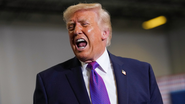 Donald Trump shouting in a navy suit with a white shirt and purple patterned tie