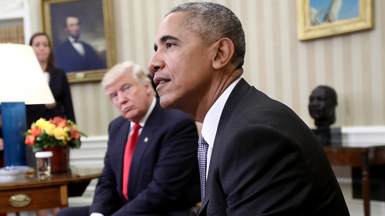 Donald Trump watching Barack Obama with a hawk's eye in the Oval Office