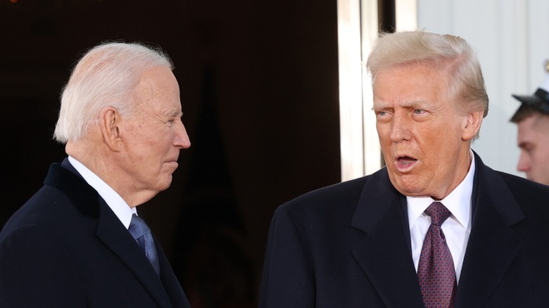 Joe Biden and Donald Trump speak at the White House ahead of inauguration ceremonies for Trump (2025)