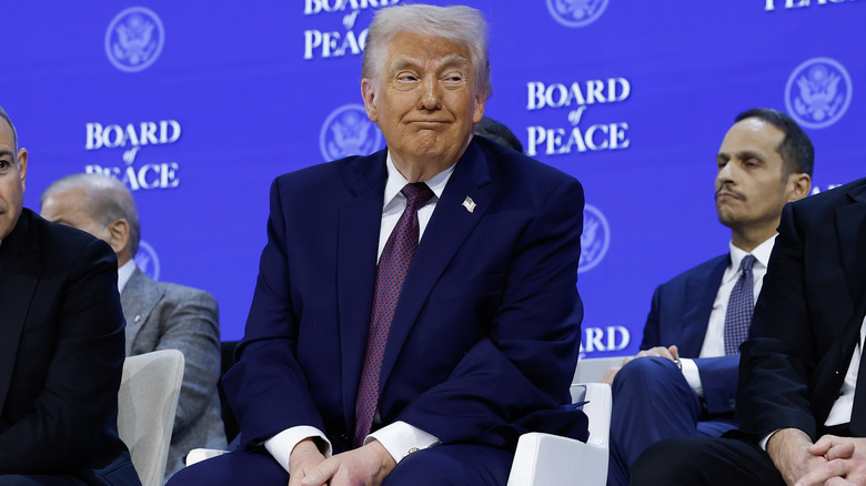 profile image of Donald Trump looking sideways with a weird smile at a Davos event