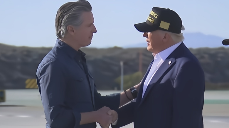 Donald Trump awkwardly shakes hands with Gavin Newsom