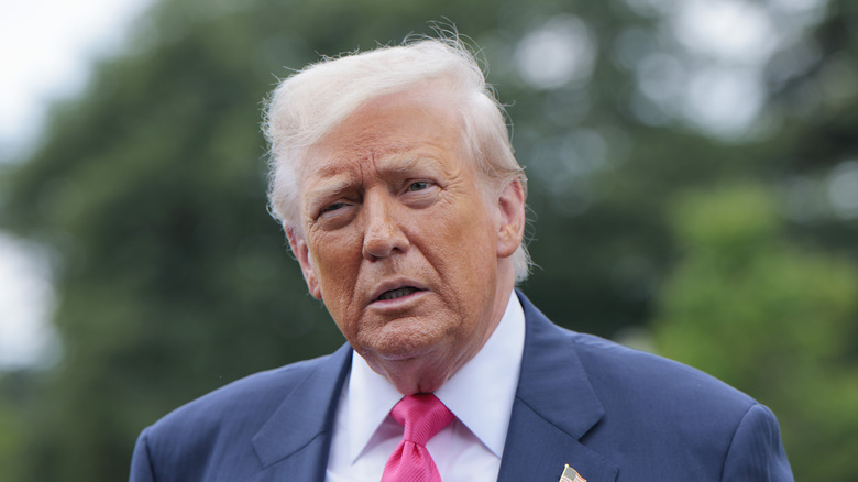 Donald Trump speaking to the media in a pink tie and a suit.