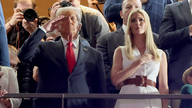U.S. President Donald Trump and Ivanka Trump stand for the National Anthem during the Super Bowl LIX Pregame at Caesars Superdome
