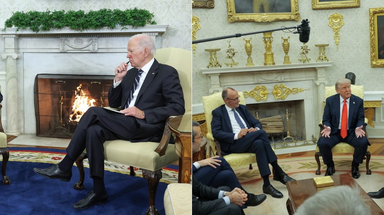 Joe Biden sitting in front of the fireplace in the Oval Office & Donald Trump sitting in front of the Oval Office fireplace