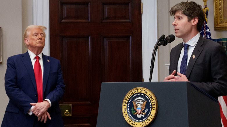 Donald Trump watches Sam Altman speak in the White House