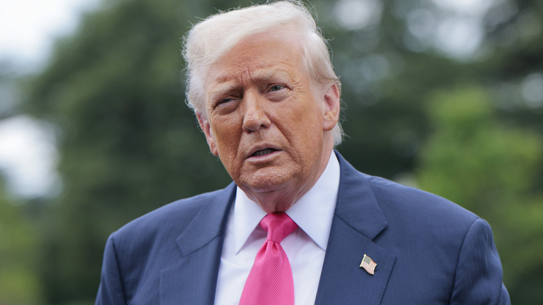Donald Trump standing outside with an ambiguous expression on his face
