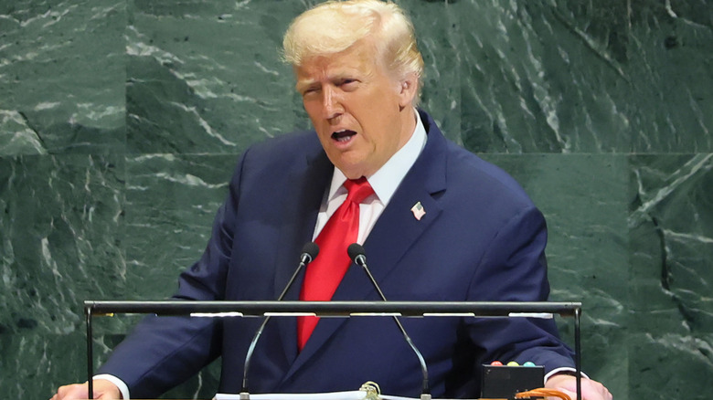 Donald Trump looking indignant as he delivers a speech