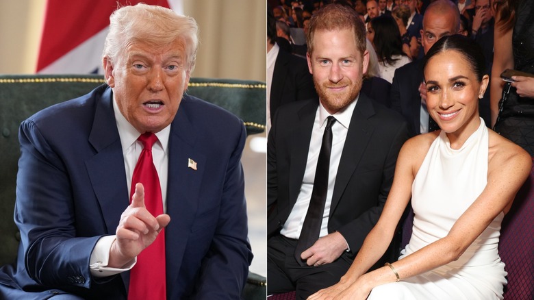 Side-by-side photos of Donald Trump and Prince Harry with Meghan Markle