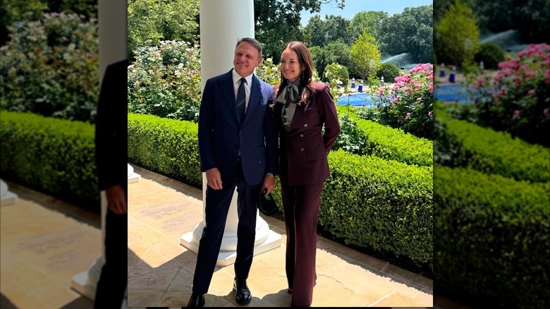 Brooke Rollins poses with Francesco Lollobrigida in front of the White House.