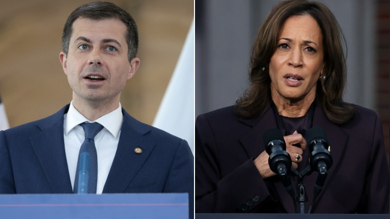 A split image of Pete Buttigieg and Kamala Harris giving speech