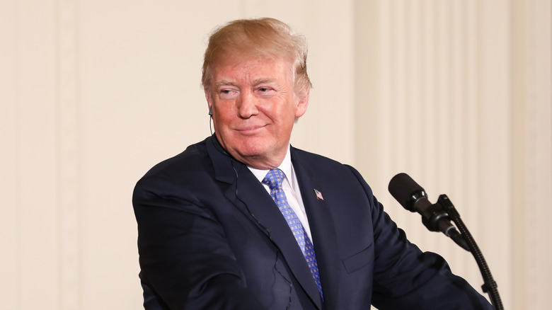 Donald Trump addressing the press at a podium outside the White House