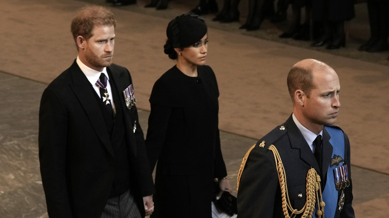 Prince Harry, Duke of Sussex and Meghan, Duchess of Sussex, Prince William, Prince of Wales and Catherine, Princess of Wales walk behind the coffin as they arrive in The Palace of Westminster after the procession for the Lying-in State of Queen Elizabeth II on September 14, 2022 in London, England (2022)