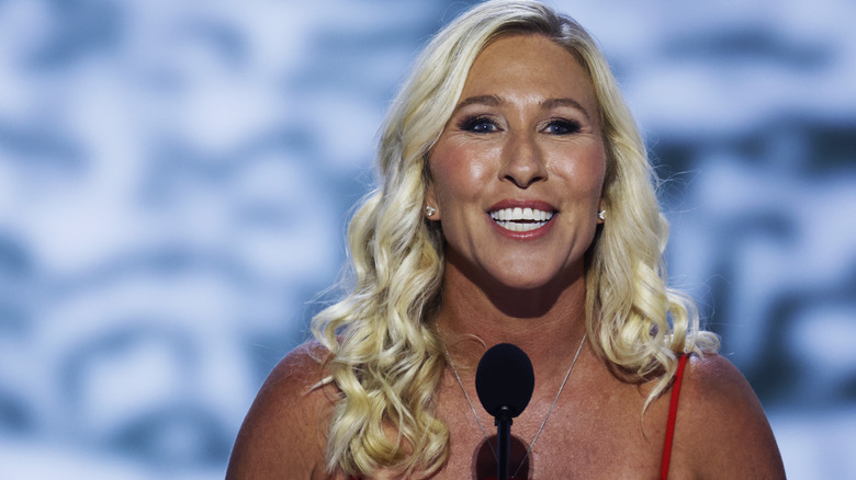 Marjorie Taylor Greene giving a speech at the 2024 Republican National Convention