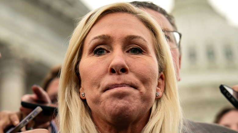 Marjorie Taylor Greene speaking to members of the press on May 8, 2024