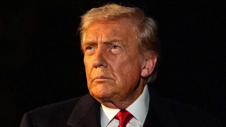 Donald Trump with a sweaty orange face srating into the distance