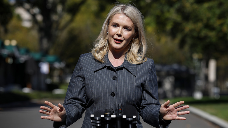 White House Press Secretary Karoline Leavitt speaks to reporters outside of the White House on October 16, 2025