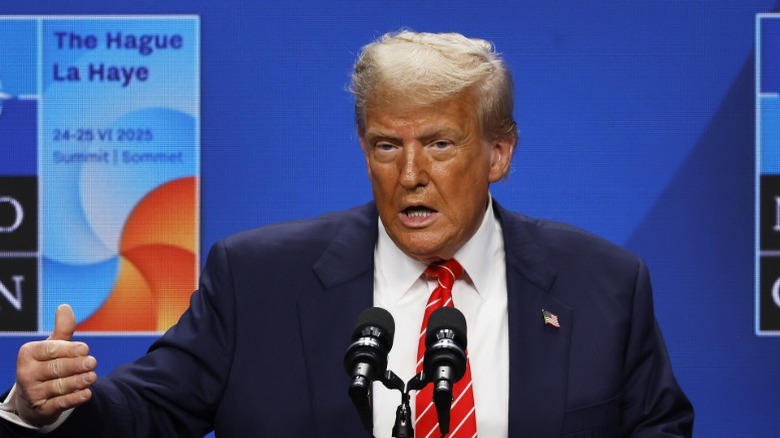 Donald Trump speaks following the 2025 NATO Summit in The Hague, Netherlands