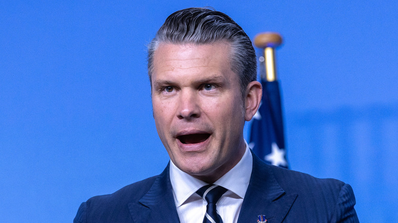 Pete Hegseth speaks during a joint press conference held with NATO Secretary General Mark Rutte during the NATO Defense Ministers' meeting on June 05, 2025 in Brussels, Belgium.