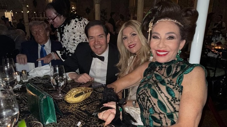 Jeanine Pirro, Jeanette and Marco Rubio, and Donald Trump at Mar-a-Lago's Great Gatsby part. Halloween night, 2025.