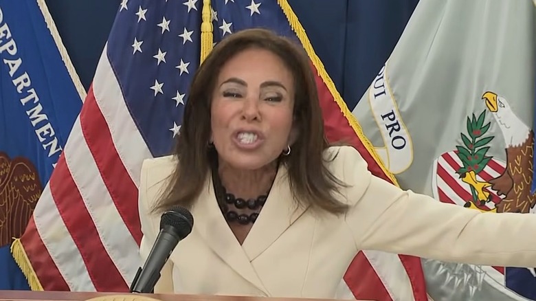 Jeanine Pirro scolds the press at a March 13, 2026 press conference.