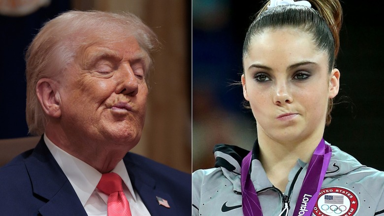 Split image of Donald Trump pursing his lips to the side and McKayla Maroney making her "not impressed" face at the London Olympics.