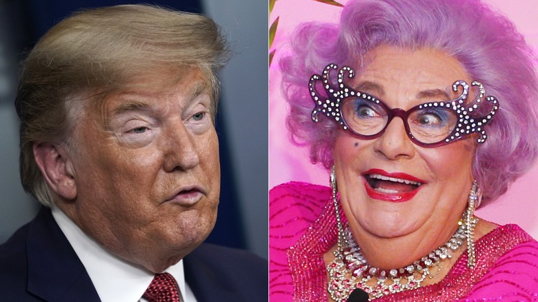 Split image of Donald Trump with white circles around his eyes and Barry Humphries in character as Dame Edna with a purple wig and winged glasses.