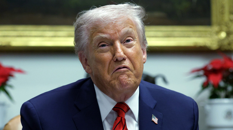 During a meeting in the Roosevelt Room, Donald Trump looks upset with downturned lips and squinted eyes.