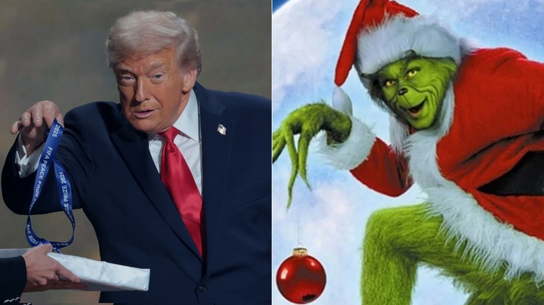 Split image of Donald Trump grabbing his FIFA Peace Prize medal and the Grinch holding an ornament on the "How the Grinch Stole Christmas" movie poster.