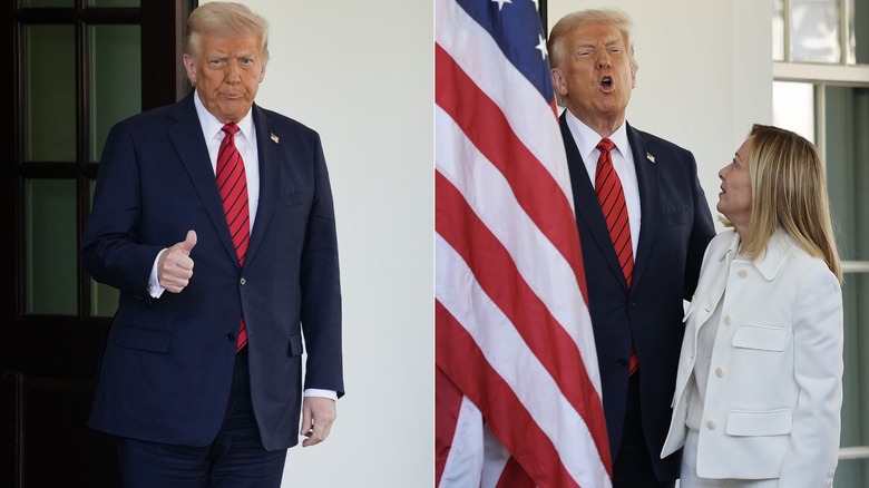 Split image of Donald Trump giving a thumbs-up outside the White House and speaking as Giorgia Meloni looks up at him.