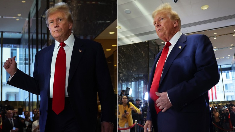 Split image of Donald Trump giving a thumbs-up and touching his tie inside Trump Tower as his hair sticks up.