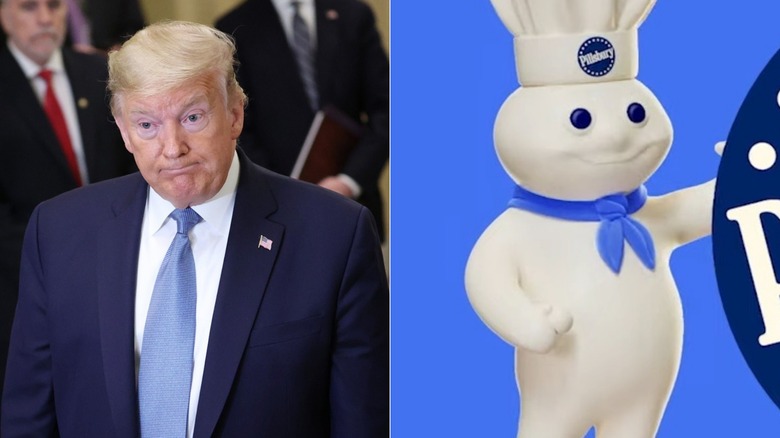 Split image of the Pillsbury Doughboy and Donald Trump with tight-lipped smiles.