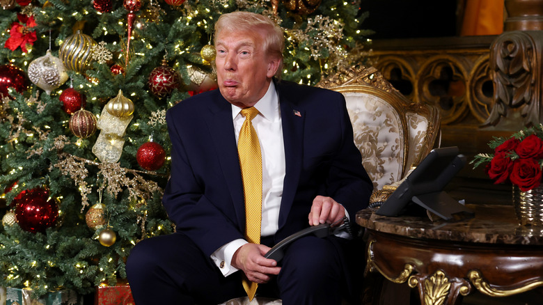 Donald Trump sticks out his lower lip while holding a phone in front of a Christmas tree.