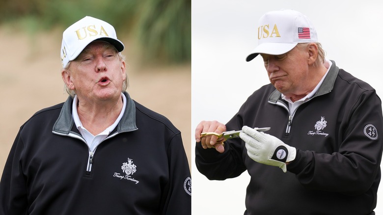 Split image of Donald Trump wearing a USA hat while speaking and admiring a pair of scissors at the opening of his Trump International Golf links resort in Scotland.