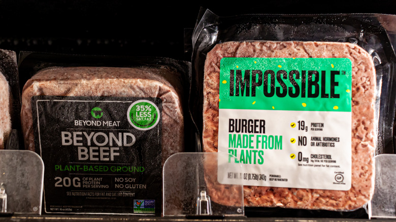 Impossible and beyond burgers on a shelf