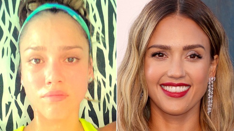 Jessica Alba split image no makeup