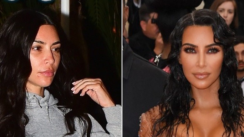 Kim Kardashian split image no makeup
