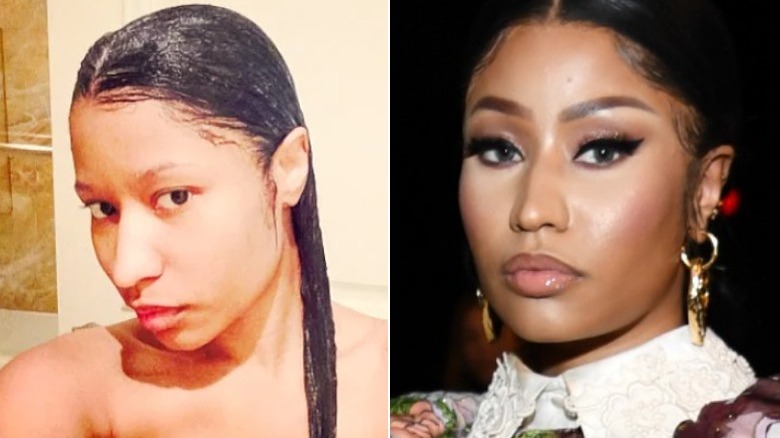 Nicki Minaj split image no makeup