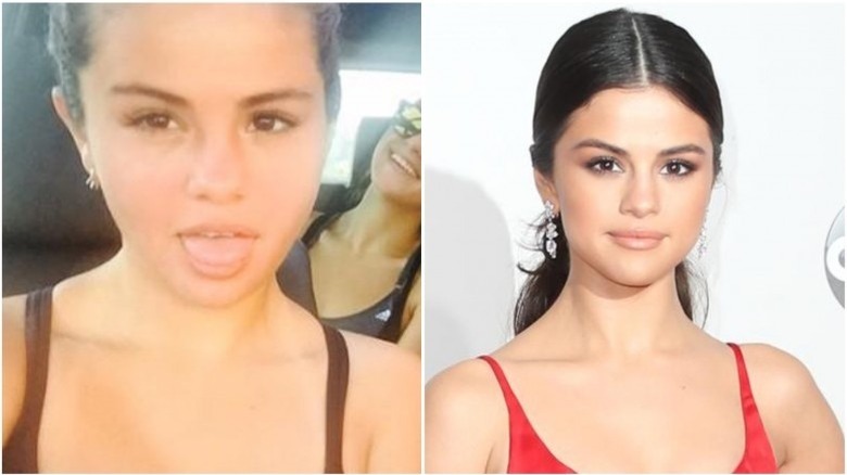 Selena Gomez split image no makeup