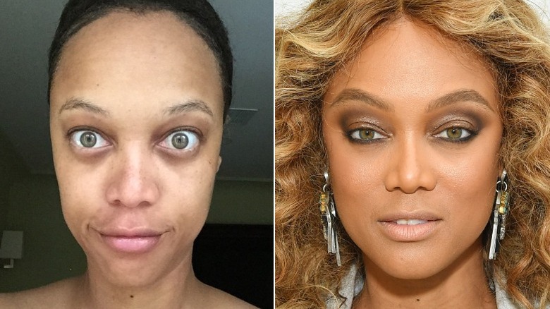 Tyra Banks split image no makeup