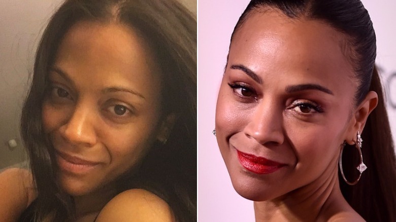 Zoe Saldana split image no makeup