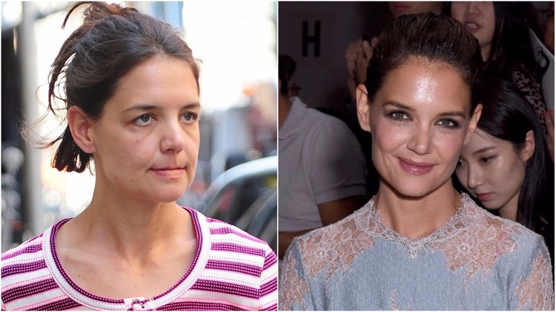Katie Holmes split image no makeup
